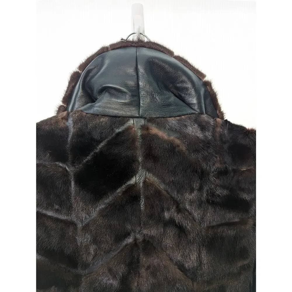 Vintage 70's Dayton's Black Leather Coat with Fur Accents Tie Waist Black Brown - Picture 4 of 14